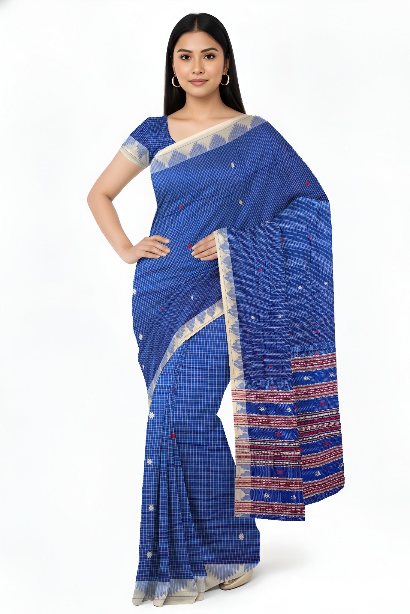 Blue Temple Border Kotpad Cotton Saree  | Odisha Handloom GI Tagged | Devnika