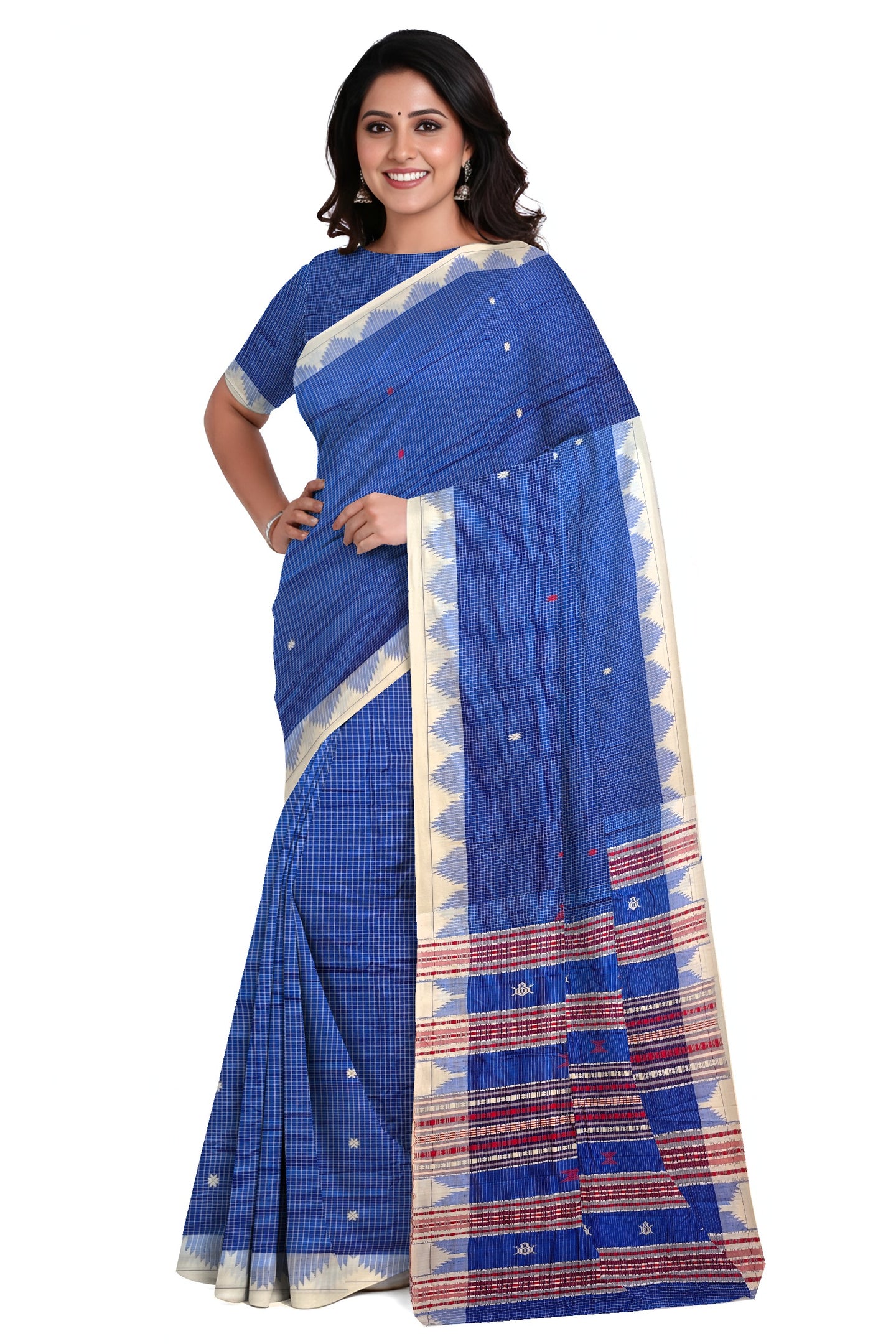 Blue Temple Border Kotpad Cotton Saree  | Odisha Handloom GI Tagged | Devnika