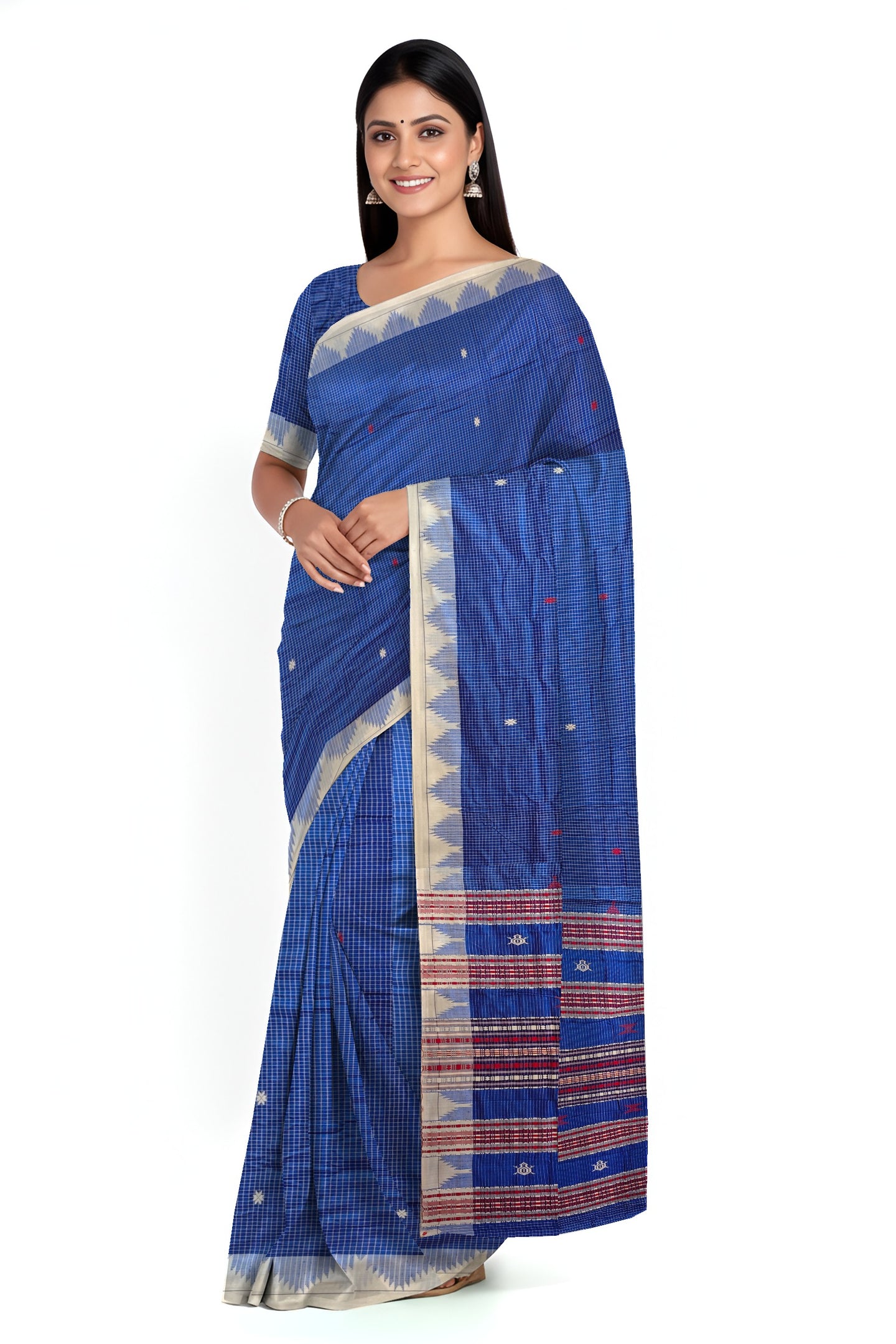 Blue Temple Border Kotpad Cotton Saree  | Odisha Handloom GI Tagged | Devnika