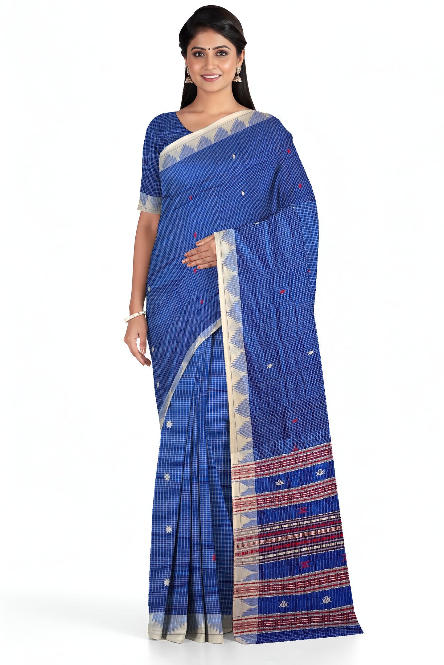 Blue Temple Border Kotpad Cotton Saree  | Odisha Handloom GI Tagged | Devnika