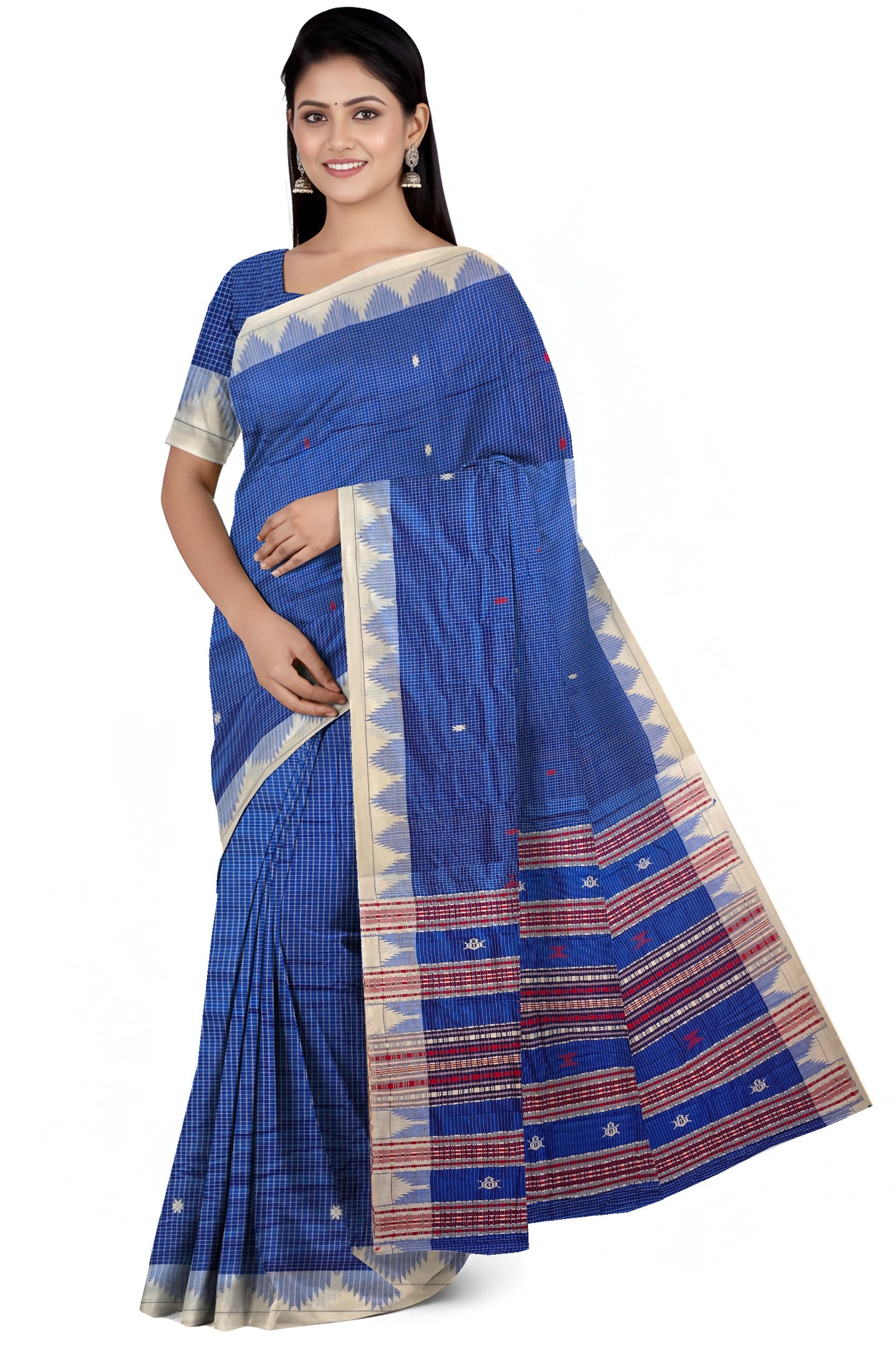 Blue Temple Border Kotpad Cotton Saree  | Odisha Handloom GI Tagged | Devnika