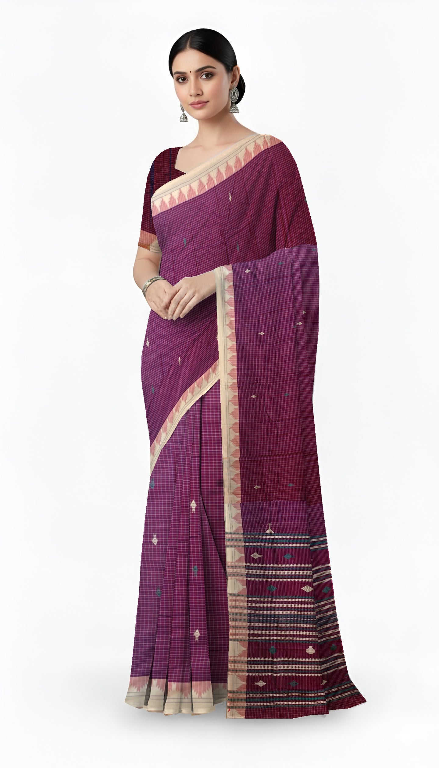 Purple Temple Border Kotpad Cotton Saree | Odisha Handloom GI Tagged | Devnika