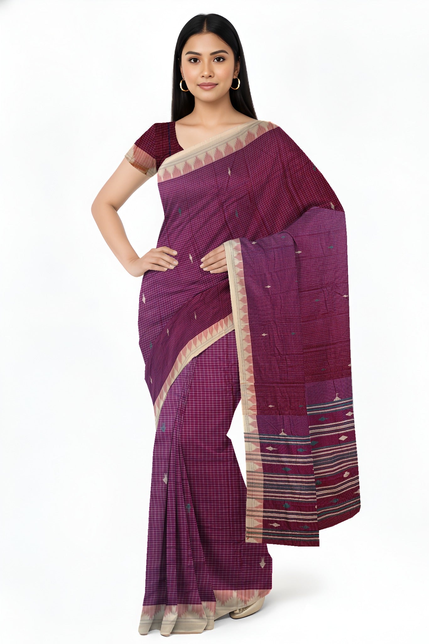 Purple Temple Border Kotpad Cotton Saree | Odisha Handloom GI Tagged | Devnika