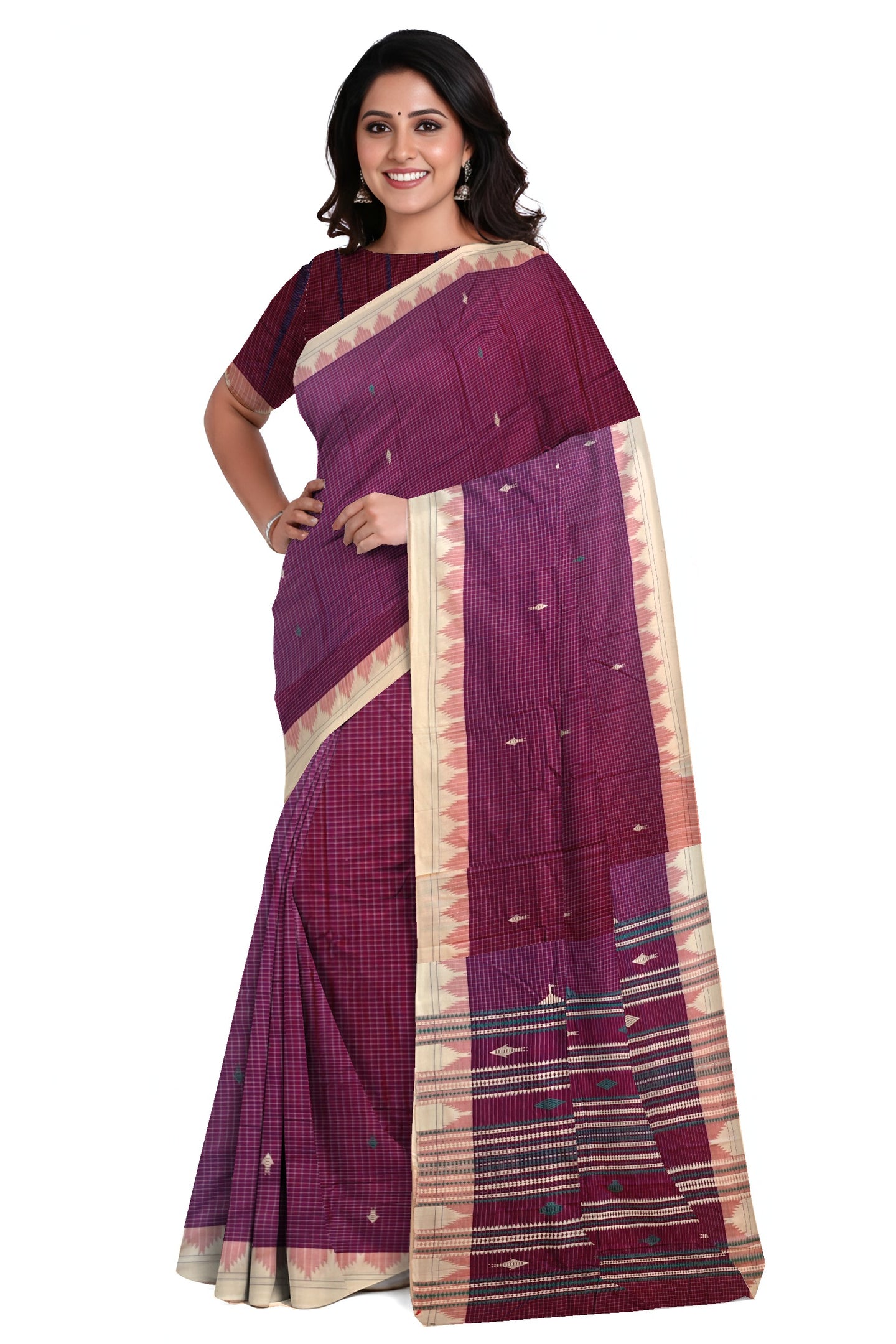 Purple Temple Border Kotpad Cotton Saree | Odisha Handloom GI Tagged | Devnika