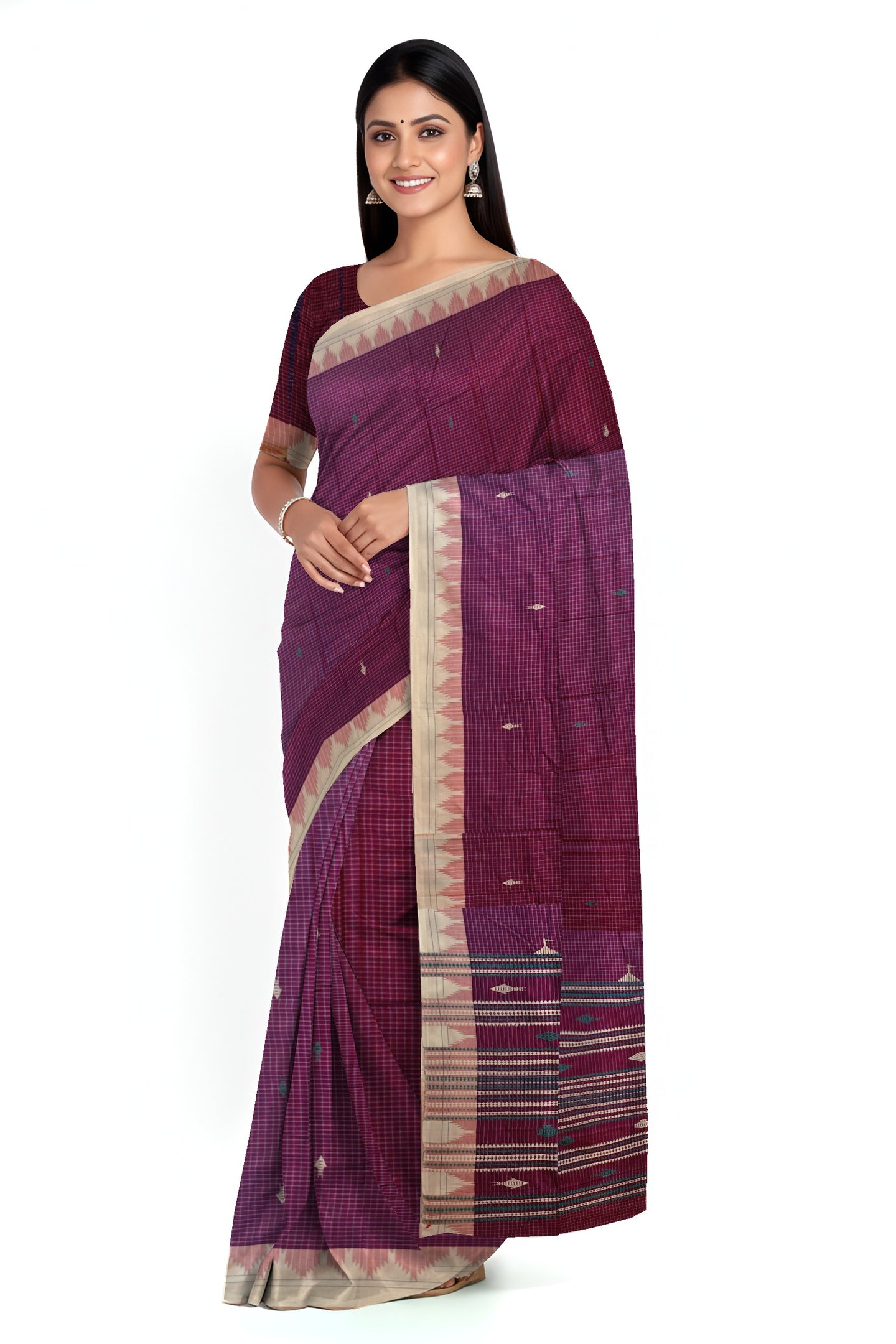 Purple Temple Border Kotpad Cotton Saree | Odisha Handloom GI Tagged | Devnika