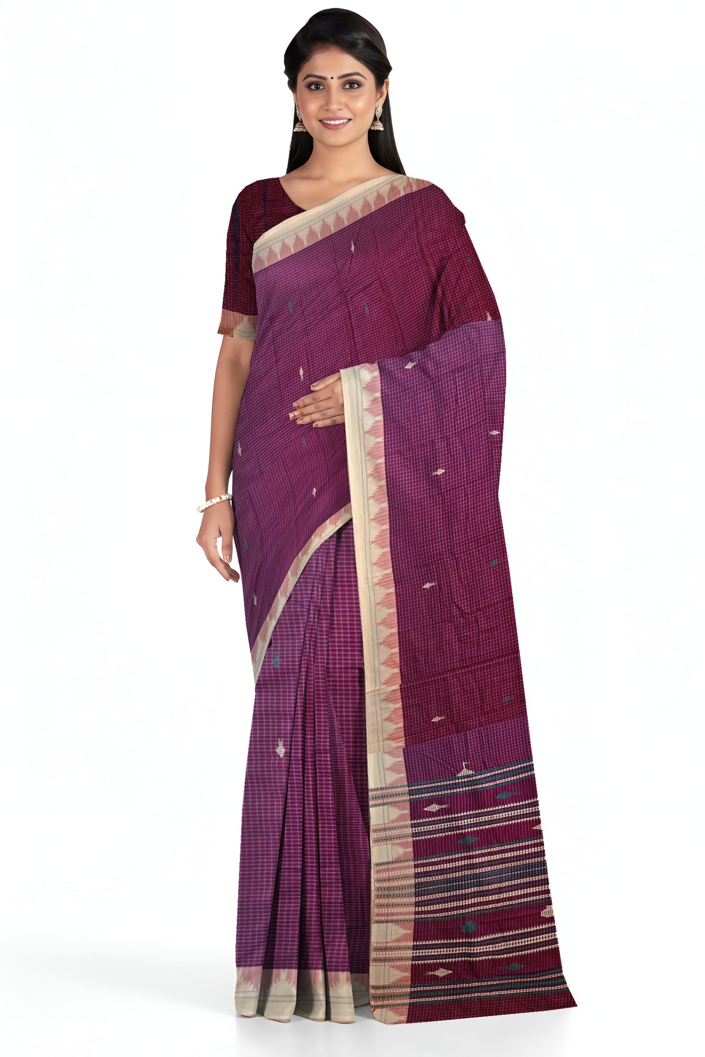 Purple Temple Border Kotpad Cotton Saree | Odisha Handloom GI Tagged | Devnika
