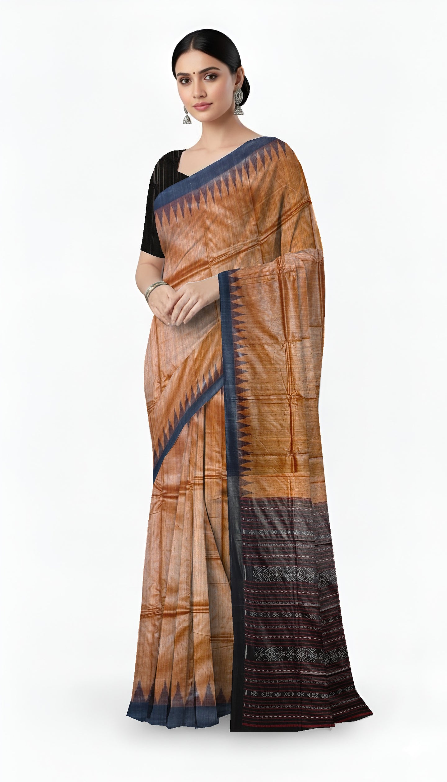 Golden Brown Temple Border Tussar Silk Kotpad Saree | Odisha Handloom GI Tagged | Devnika