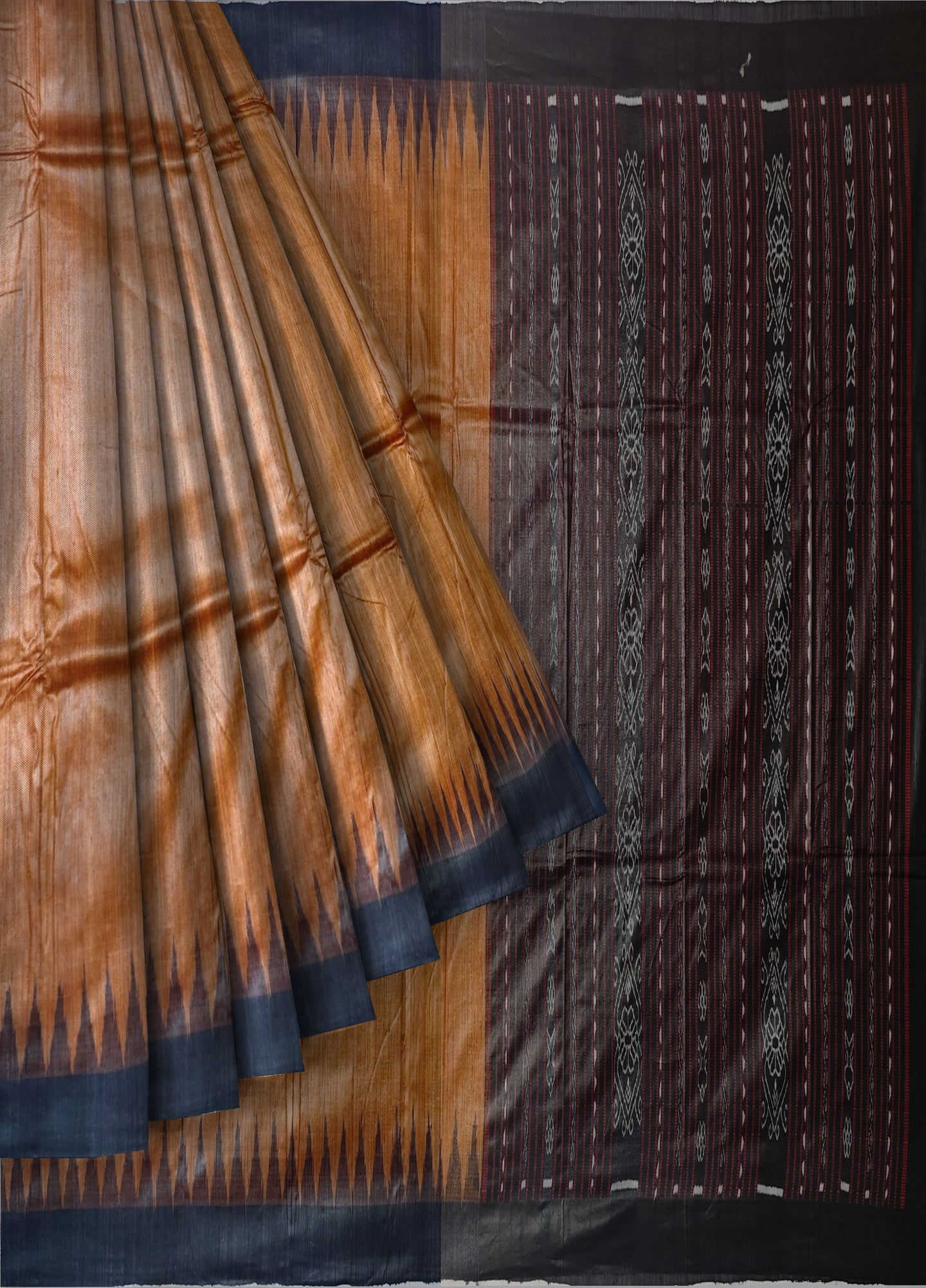 Golden Brown Temple Border Tussar Silk Kotpad Saree | Odisha Handloom GI Tagged | Devnika