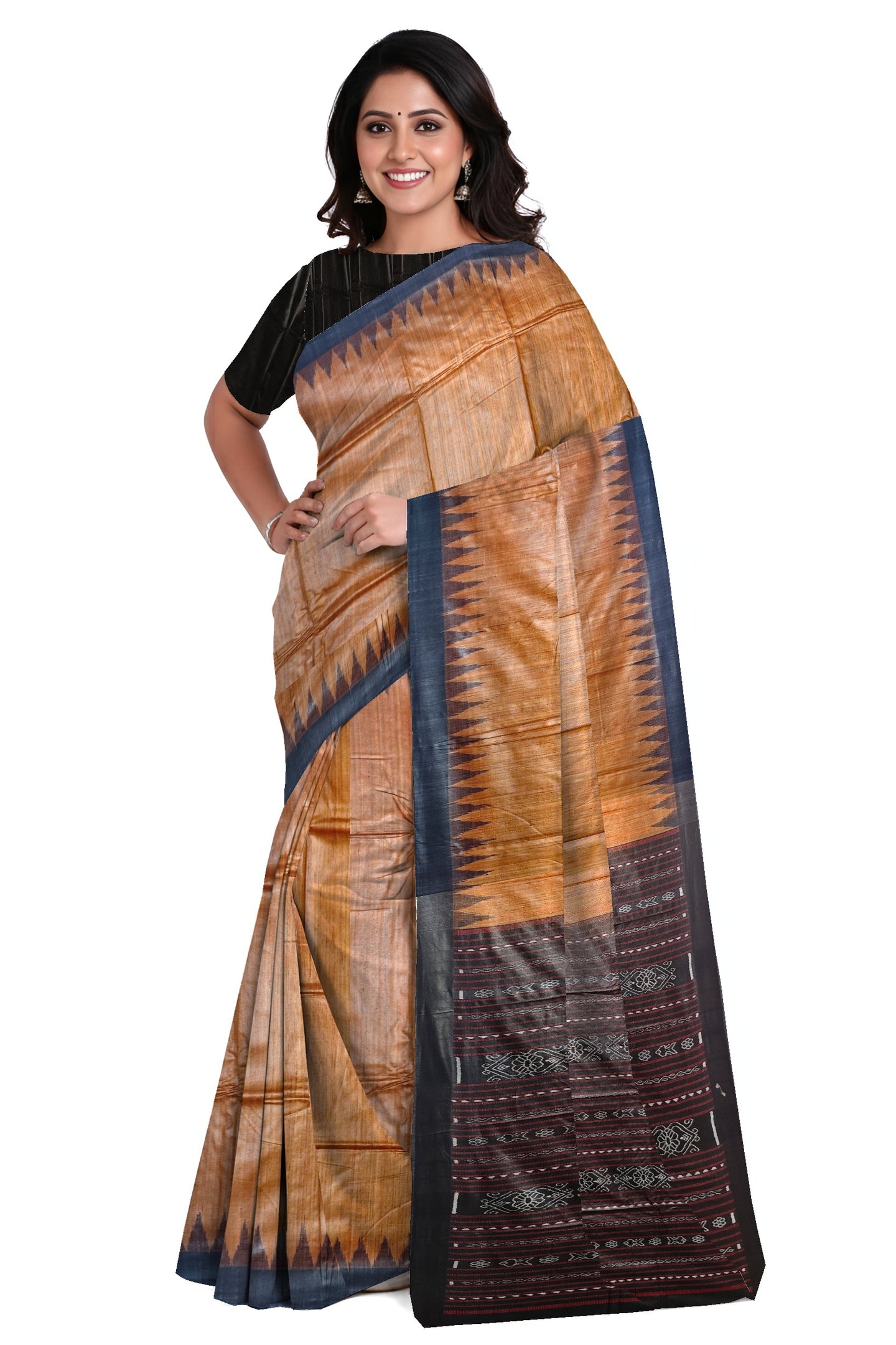 Golden Brown Temple Border Tussar Silk Kotpad Saree | Odisha Handloom GI Tagged | Devnika