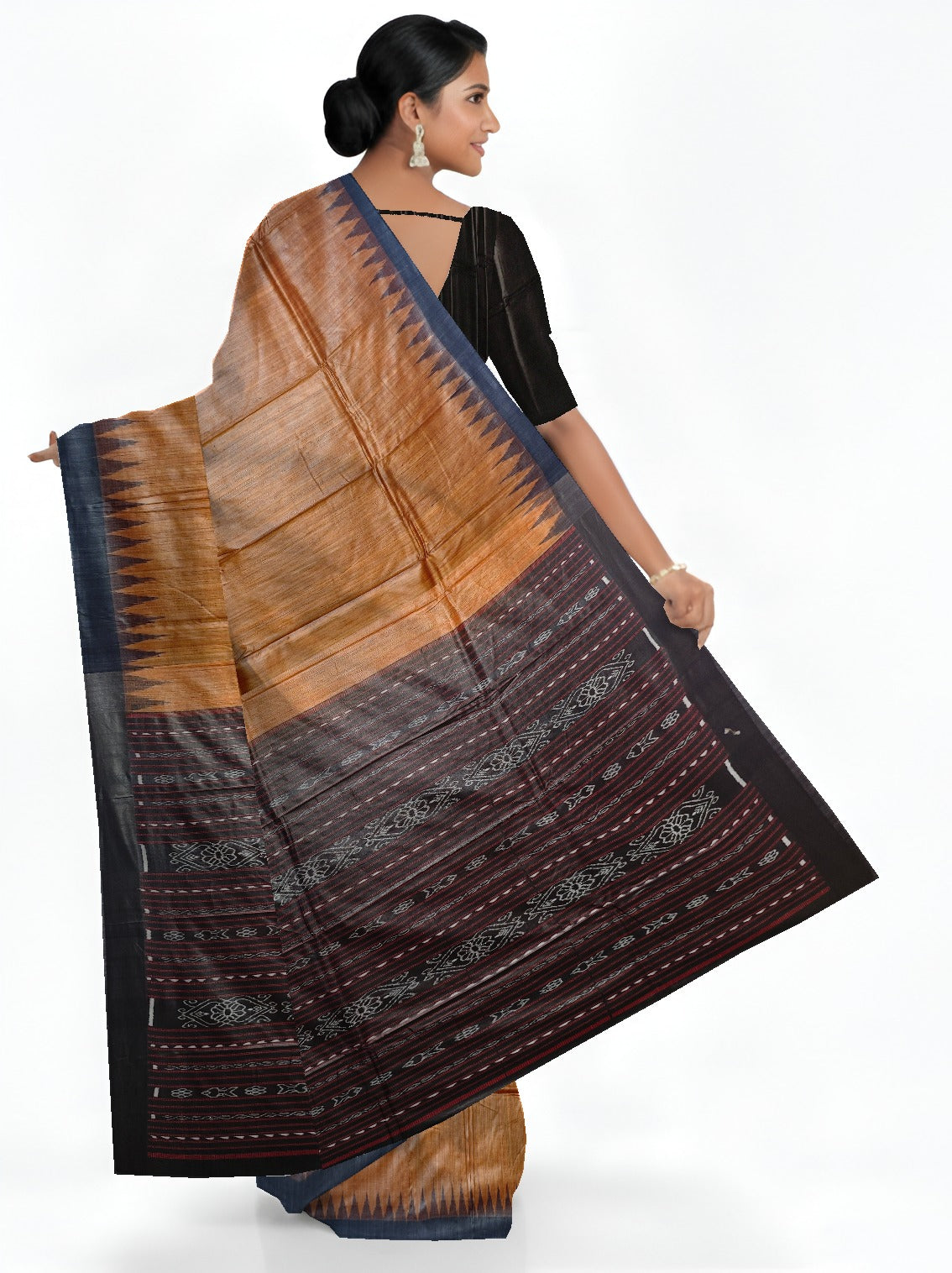 Golden Brown Temple Border Tussar Silk Kotpad Saree | Odisha Handloom GI Tagged | Devnika