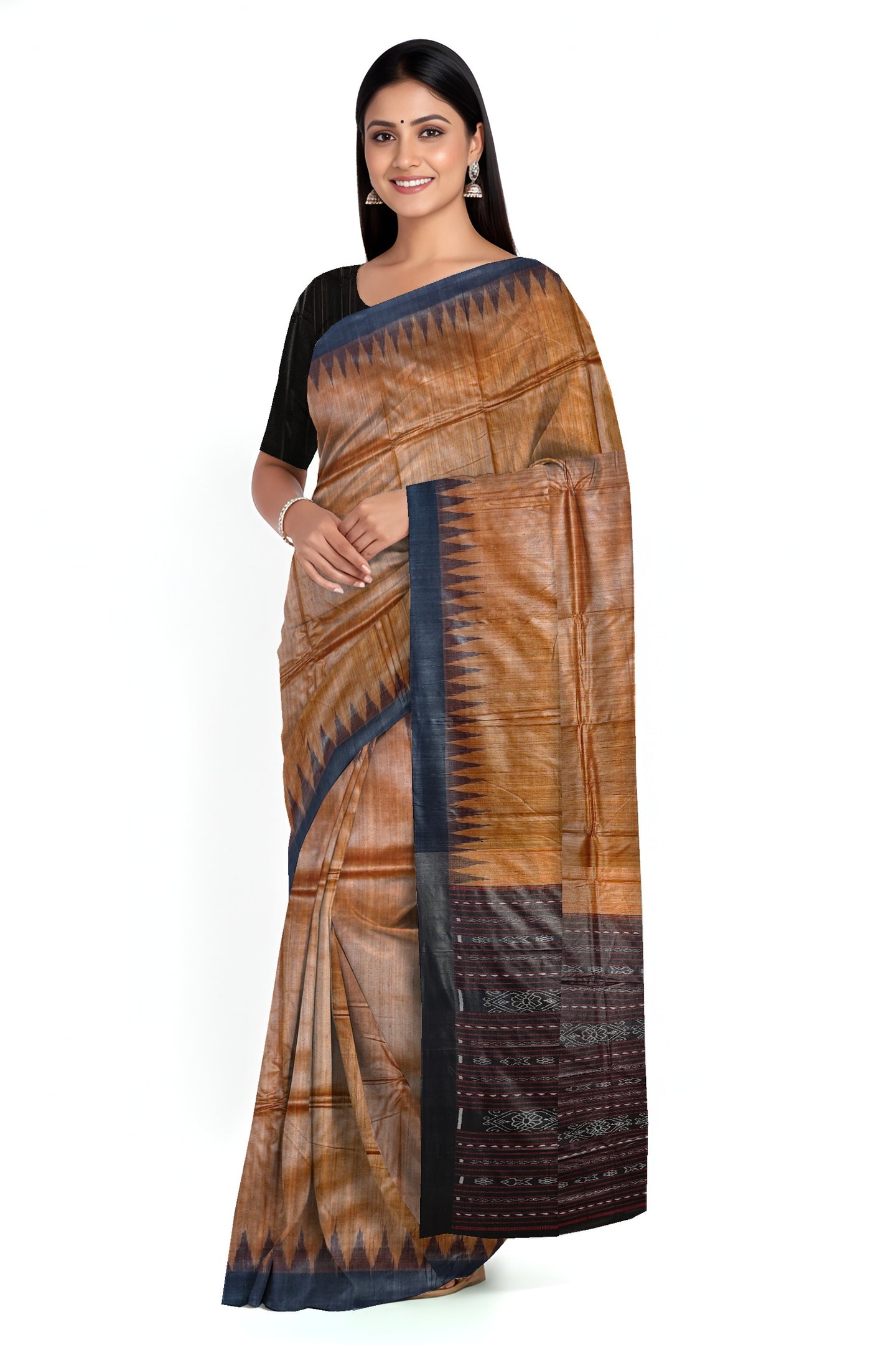 Golden Brown Temple Border Tussar Silk Kotpad Saree | Odisha Handloom GI Tagged | Devnika