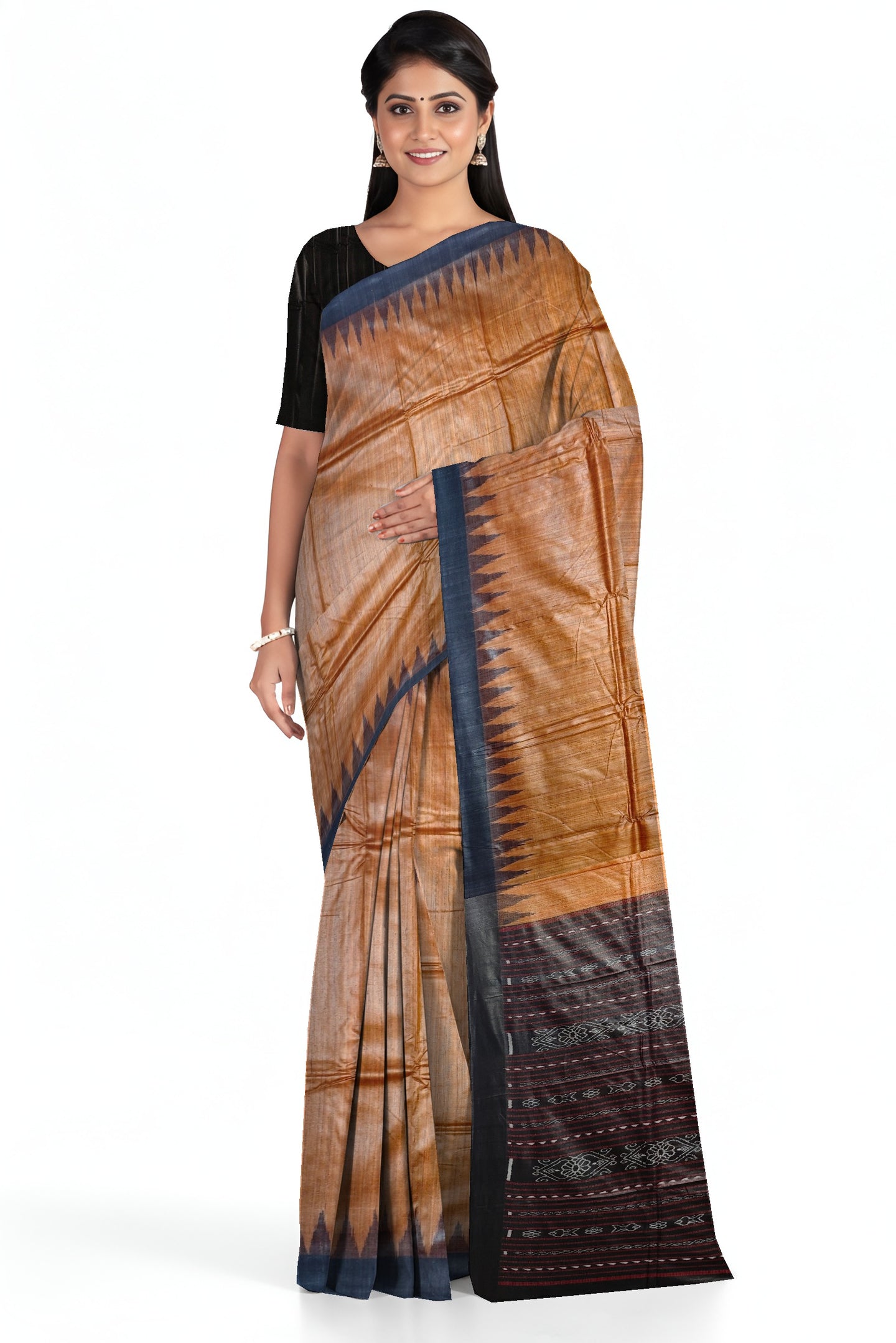 Golden Brown Temple Border Tussar Silk Kotpad Saree | Odisha Handloom GI Tagged | Devnika