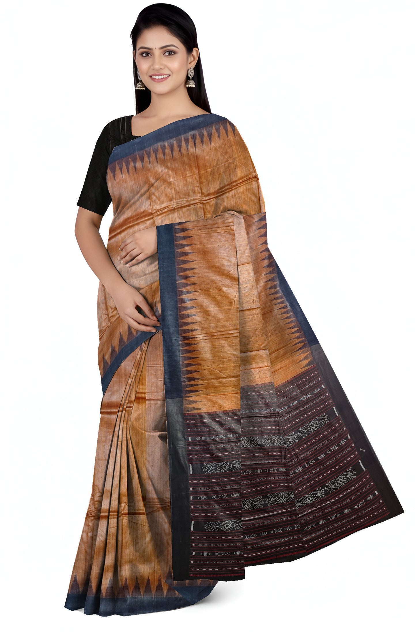 Golden Brown Temple Border Tussar Silk Kotpad Saree | Odisha Handloom GI Tagged | Devnika