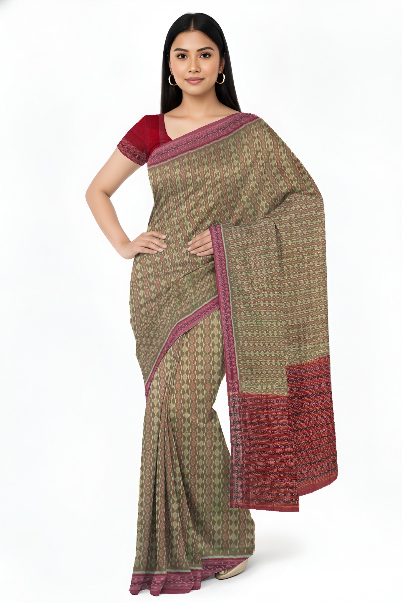 Reddish Green Traditional Body Bandha Saree | Odisha Handloom GI Tagged | Devnika