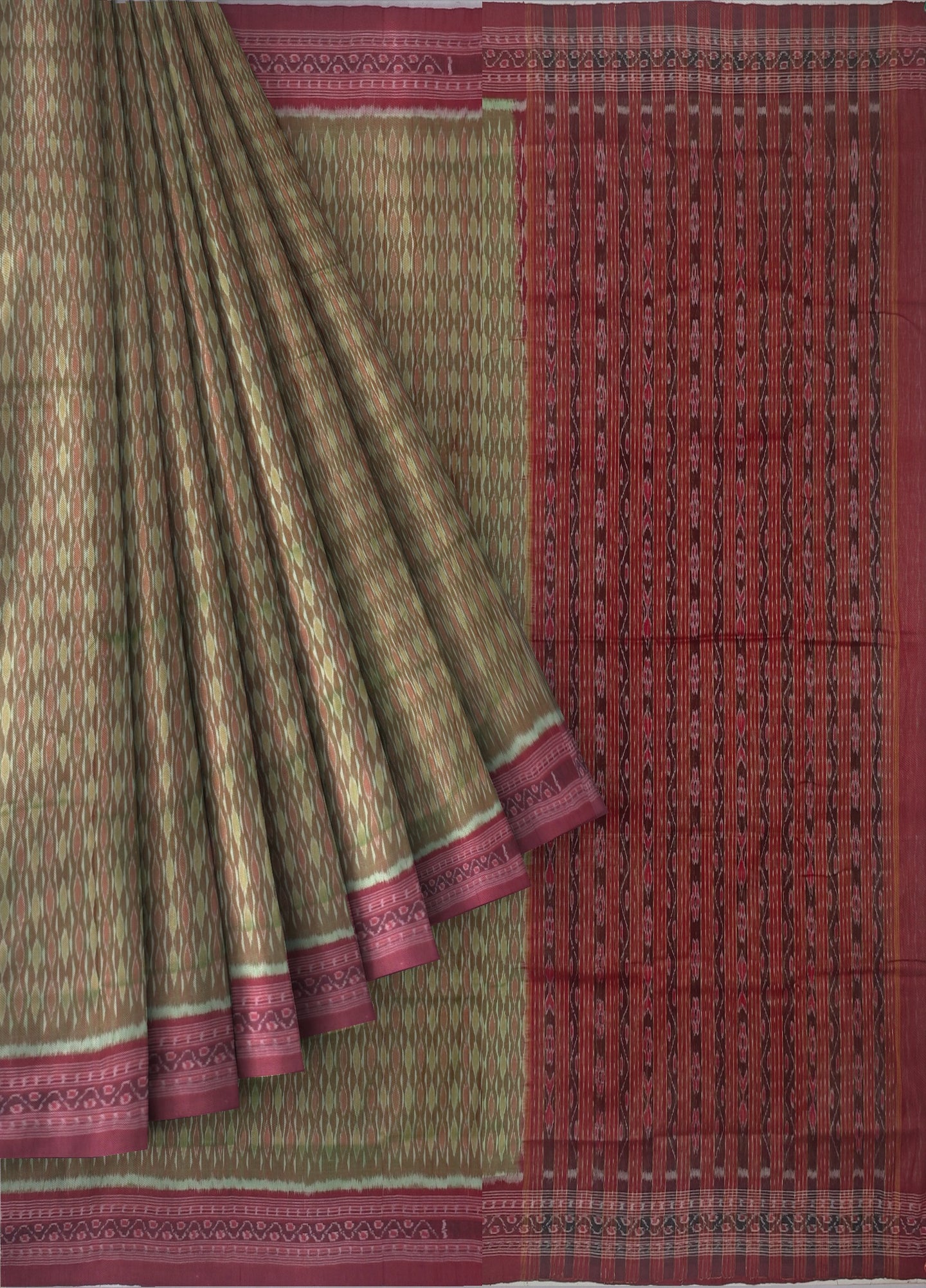 Reddish Green Traditional Body Bandha Saree | Odisha Handloom GI Tagged | Devnika