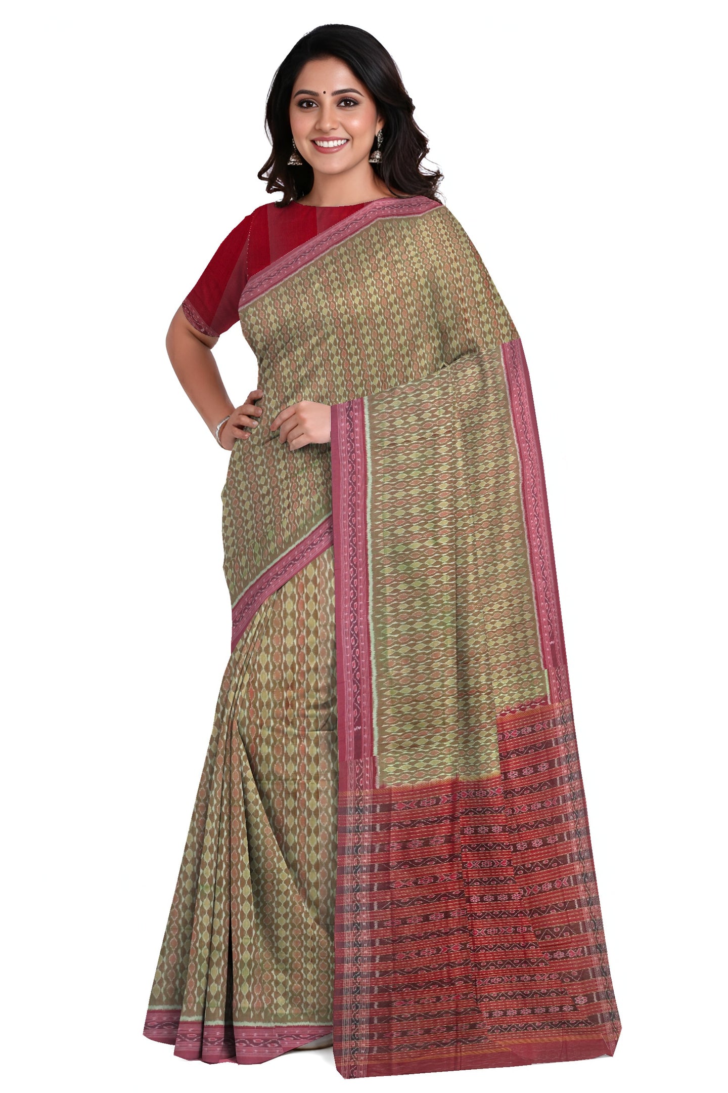 Reddish Green Traditional Body Bandha Saree | Odisha Handloom GI Tagged | Devnika