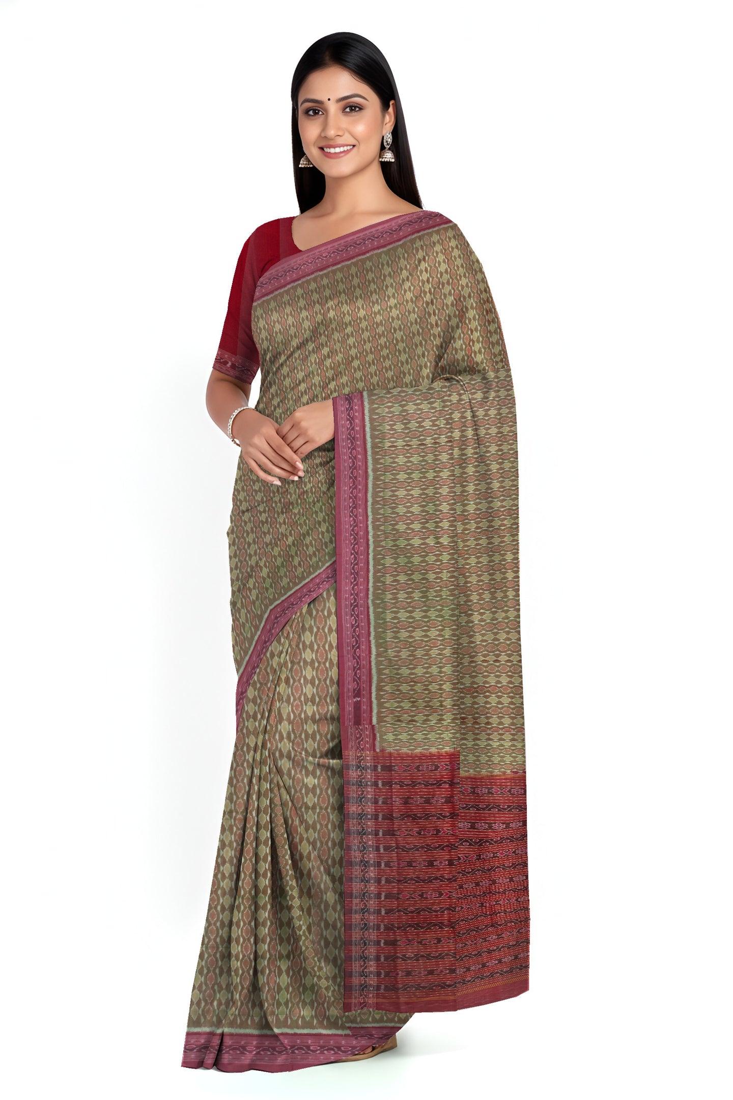 Reddish Green Traditional Body Bandha Saree | Odisha Handloom GI Tagged | Devnika