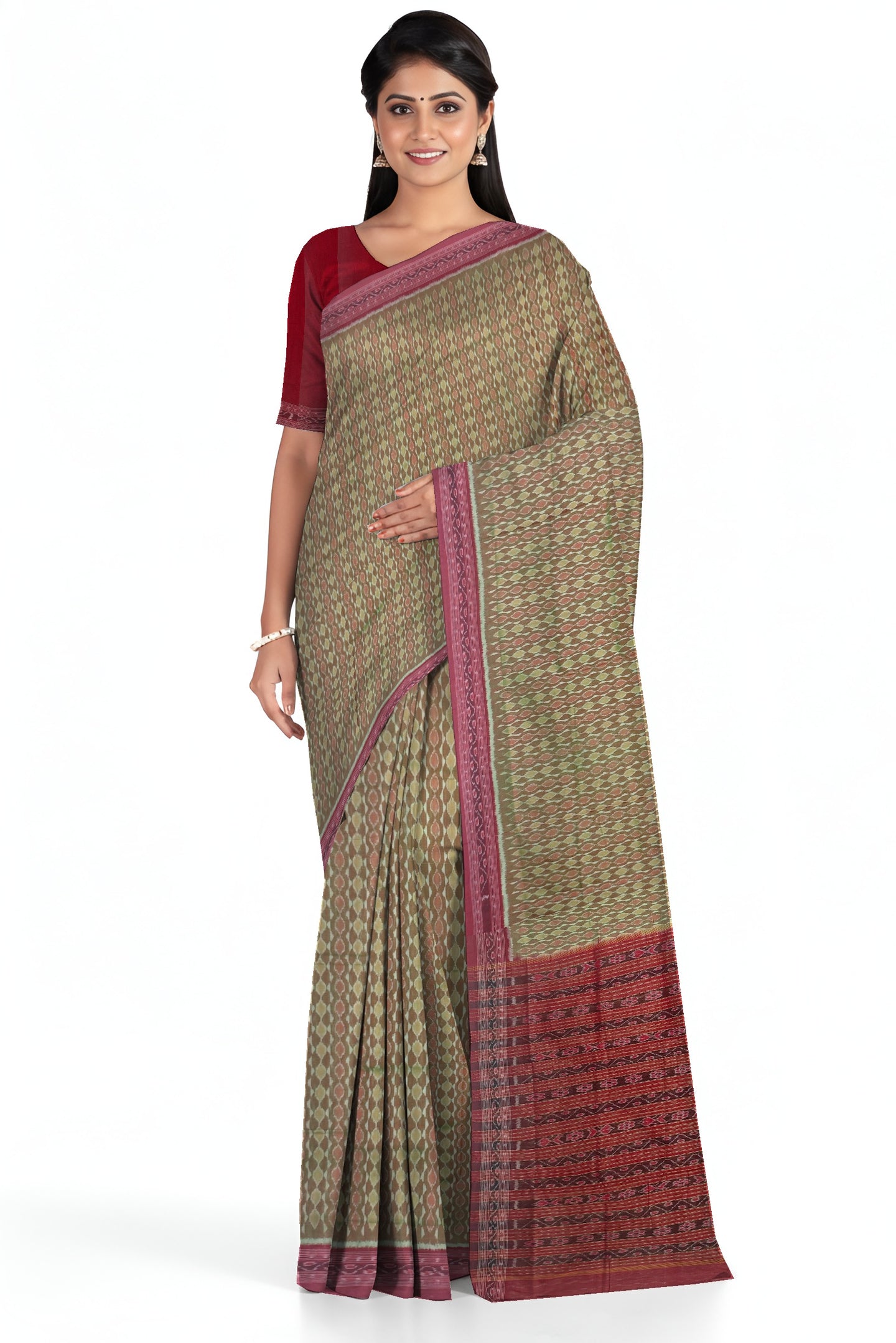 Reddish Green Traditional Body Bandha Saree | Odisha Handloom GI Tagged | Devnika
