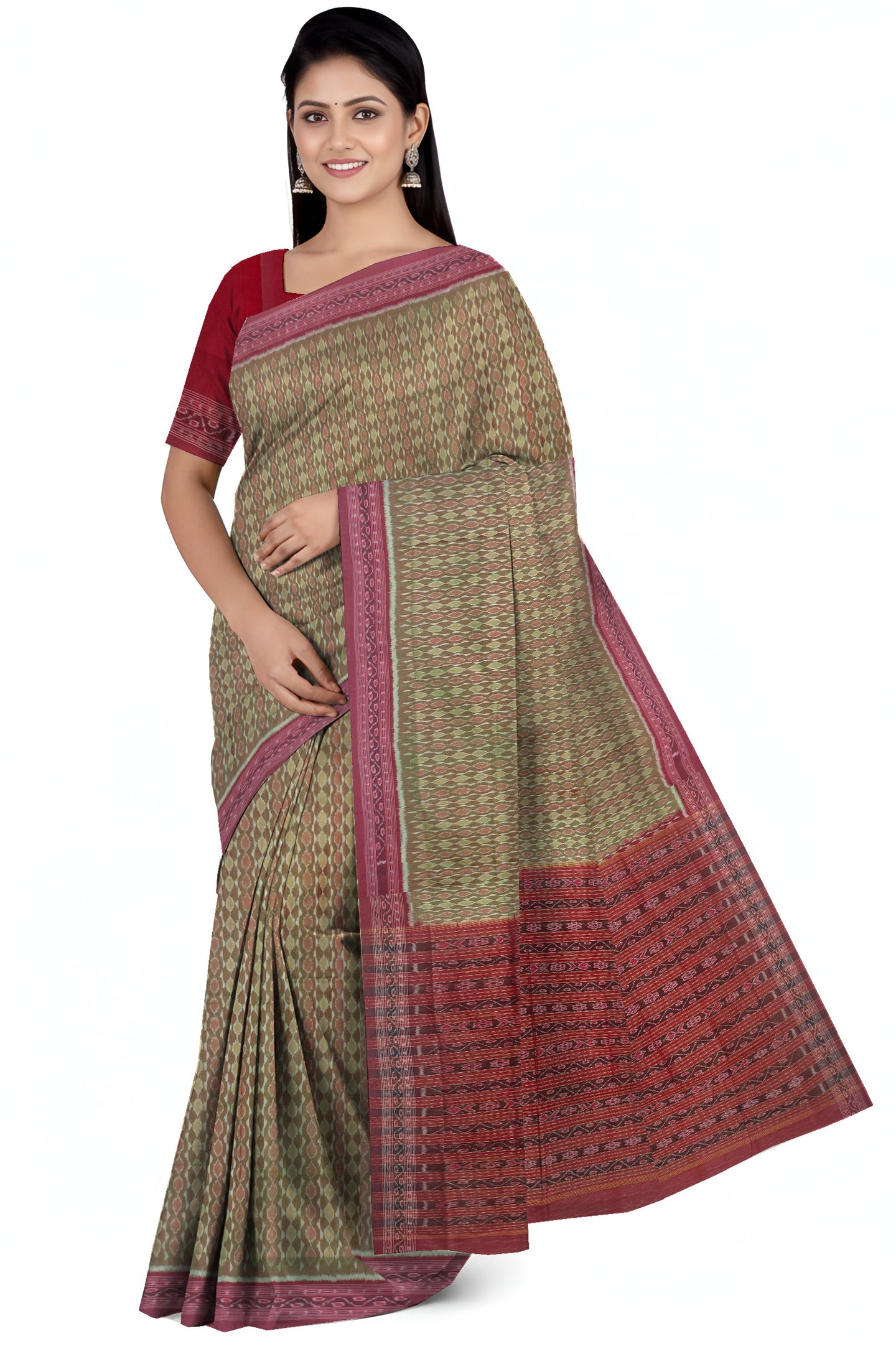 Reddish Green Traditional Body Bandha Saree | Odisha Handloom GI Tagged | Devnika