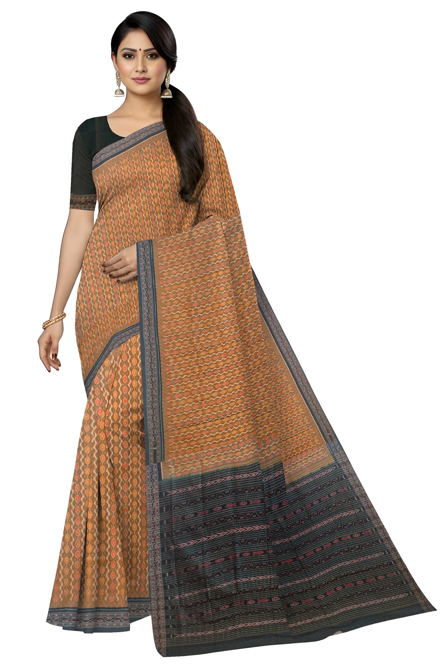 Golden Brown Traditional Body Bandha Saree | Odisha Handloom GI Tagged | Devnika