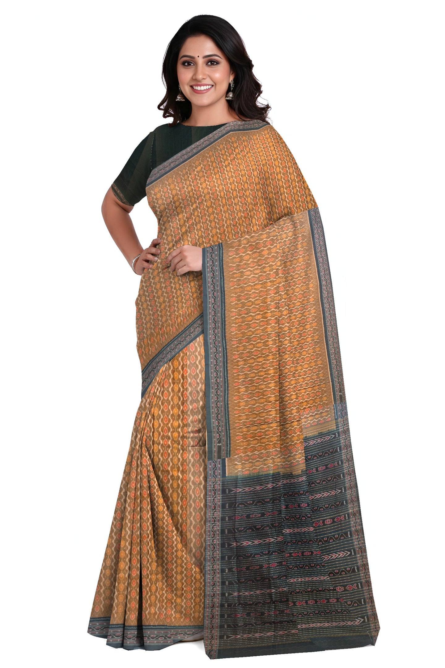 Golden Brown Traditional Body Bandha Saree | Odisha Handloom GI Tagged | Devnika