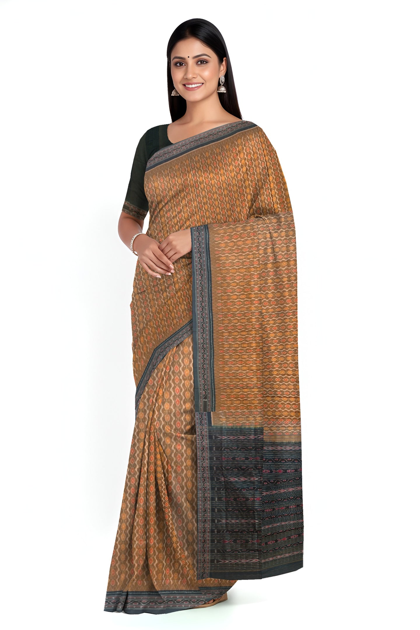 Golden Brown Traditional Body Bandha Saree | Odisha Handloom GI Tagged | Devnika
