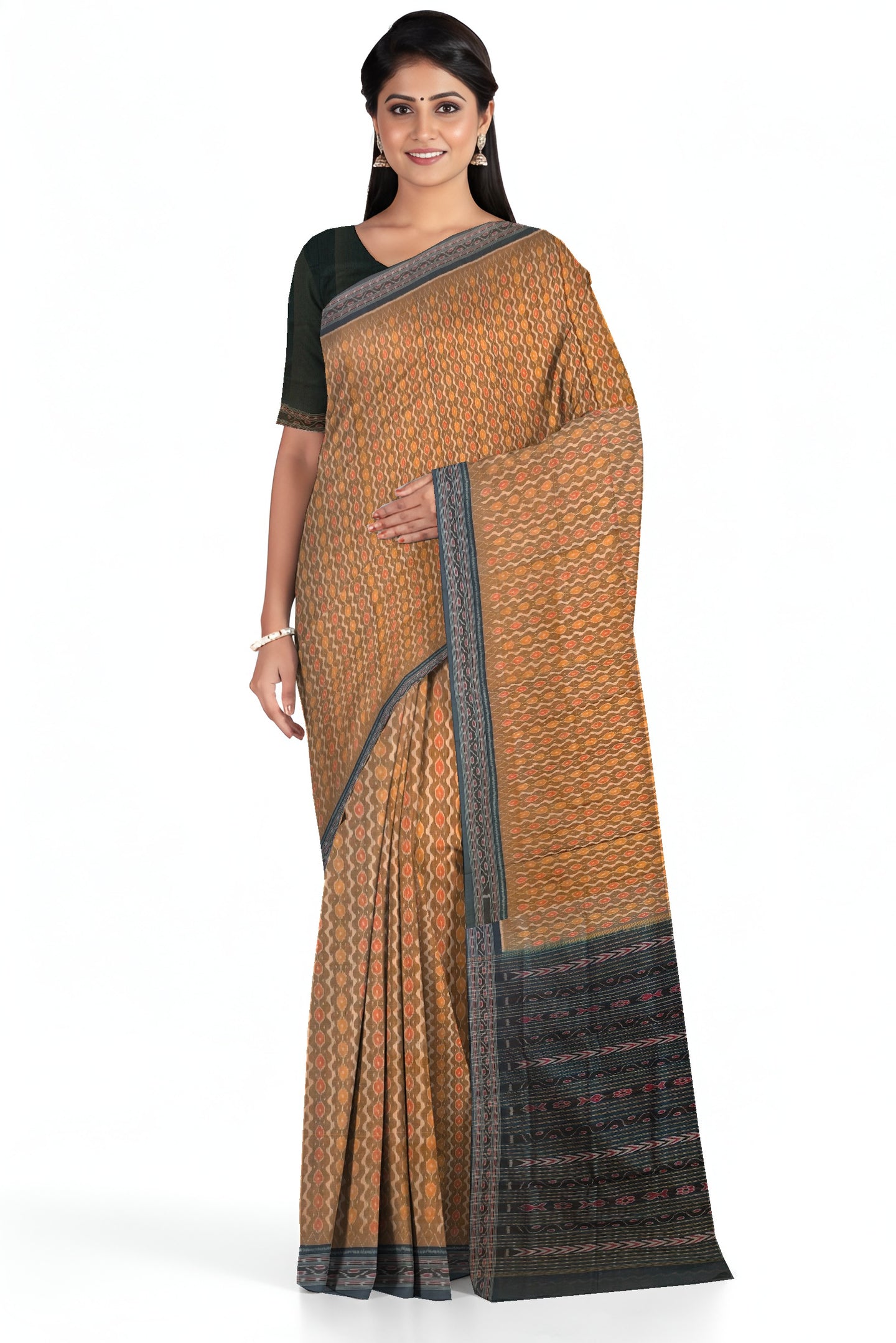 Golden Brown Traditional Body Bandha Saree | Odisha Handloom GI Tagged | Devnika